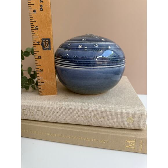 Handmade Studio Pottery Blue Decorative Orb | Modern Boho Shelf Accent | Artisan - Picture 9 of 9